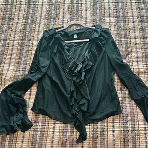 Green Ruffled Tie Front Long Sleeve Blouse